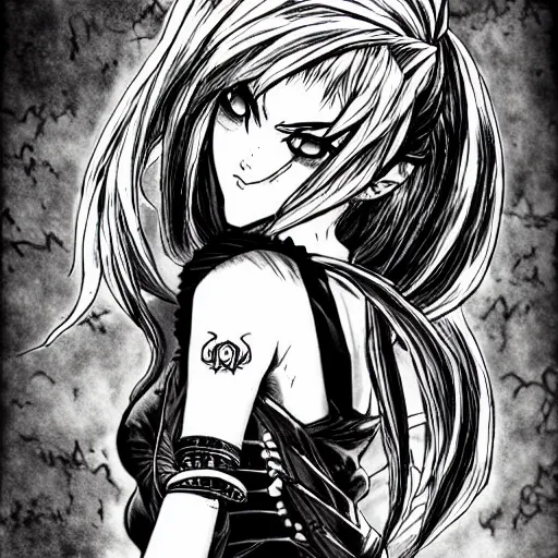 Prompt: Jinx (league of legends, 2009), artwork by kentaro miura, Kentaro Miura style, Berserk Style, High details, cinematic composition, manga, black and white ink style, a lot of details with ink shadows