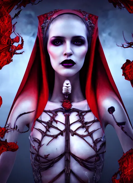 Image similar to a beautiful detailed 3 d matte painting, variations around female, queen, necromancer, symmetrical features, vertical portrait, skeleton, whirling smoke, embers, red adornements, red torn fabric