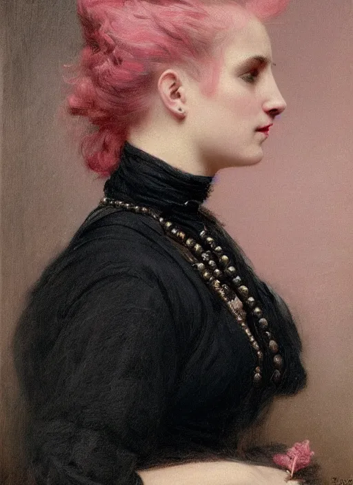 Prompt: a detailed portrait of woman with a mohawk by edouard bisson, year 1 8 9 0, pink hair, punk rock, oil painting, muted colours, soft lighting