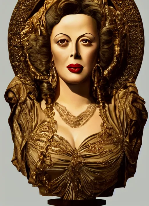 Image similar to high intricate bust of an hedy lamarr 1 9 4 0 carved from wood in baroque style, studio light, maria panfilova, andrea savchenko, mike kime, ludovic plouffe, qi sheng luo, oliver cook, trending on artstation