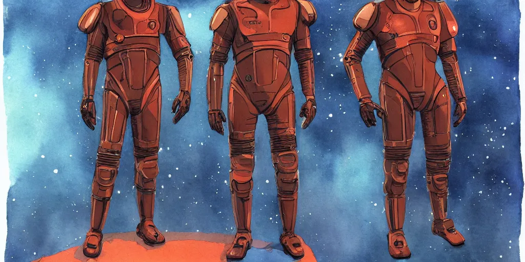 Image similar to male, full body, wide shot, modern space suit, intriguing helmet, very stylized character design, the expanse tv series, large shoulders, short torso, long thin legs, tiny feet, science fiction, hyperdetailed, technical suit, dieselpunk, watercolor digital painting, in the style of bruce timm, by alex maleev