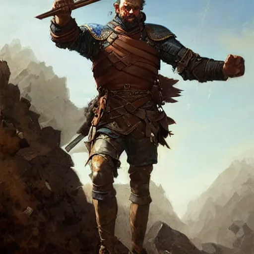 Prompt: Portrait of a rugged ranger marching toward the viewer, male, muscular, blue eyes!!!!, straight nose!!!, detailed face, exposed thighs!!!, fantasy, medieval, highly detailed, painting by greg rutkowski