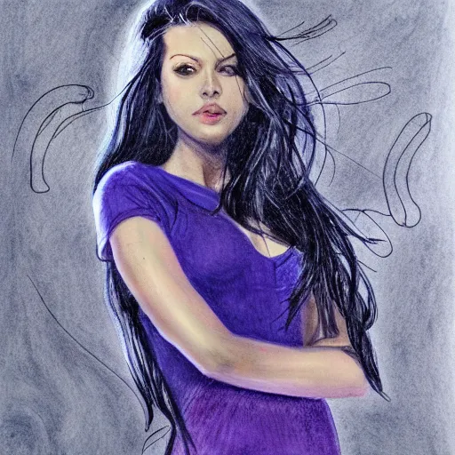 Prompt: young attractive female, long dark hair, expressive pose, looking at the camera, blue ballpoint art