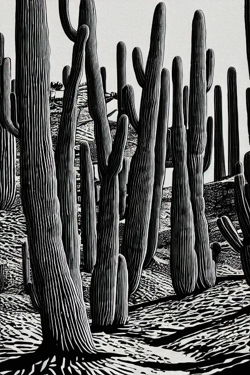 Prompt: art by brian reedy, a beautiful black ink linocut print of the giant cactus forest baja mexico, long shadows, 8 k, frostbite 3 engine, cryengine, ground level shot, dof, trending on artstation, digital art, crepuscular ray