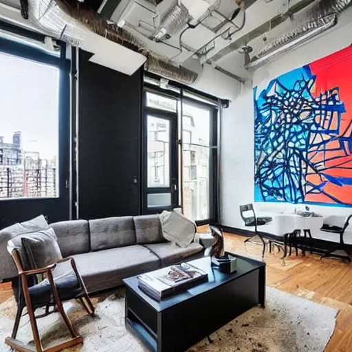 Prompt: trendy downtown loft with modern murals on the wall, contemporary art, and patterns, interior design, beautiful architecture