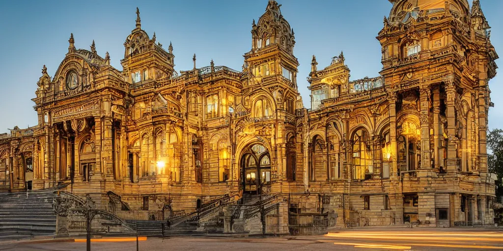 Prompt: extremely detailed ornate stunning sophisticated beautiful elegant victorian museum exterior by Henry Young Darracott Scott and Francis Fowke, stunning volumetric light, stainless steal, concrete, translucent material, beautiful sunset, tail lights