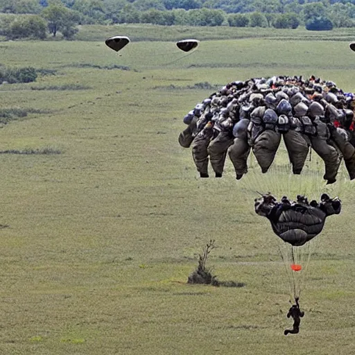 Prompt: photo of elephant paratroopers parachuting behind enemy lines