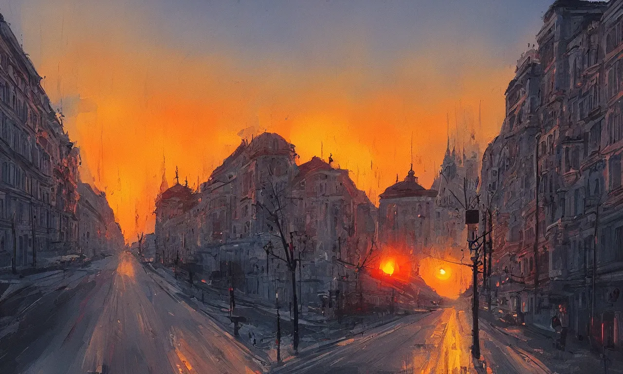 Prompt: bucharest streets sunset by Anato Finnstark