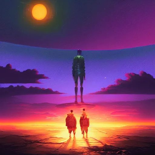 Prompt: A Pilgrim, by Peter Elson, Noah Bradley, Chromatic Abberation, vibrant , Post processing effects, Panini, Outrun