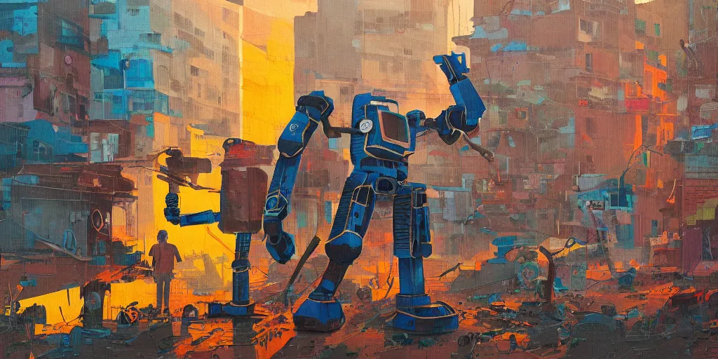 Image similar to colourful - damaged - giant mecha ROBOT of AJEGUNLE SLUMS in Lagos, markings on robot, Golden Hour, painting by Hsiao-Ron Cheng,