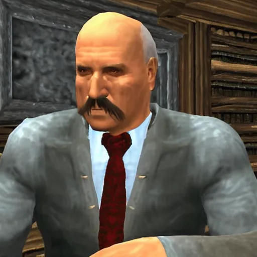 Image similar to Alexander Lukashenko wearing a suit and tie in Balmora in Elder Scrolls III: Morrowind, outdated 2002 Morrowind graphics, low definition, lowpoly