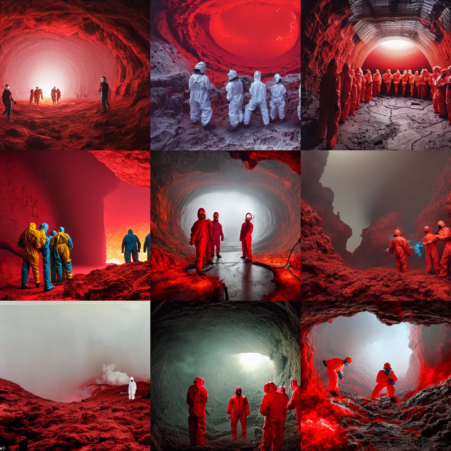 Prompt: wide - shot photo of a group of scientists in hazmat suits, studying a hell open rift portal, by shaun tan, codachrome, hellish, unsettling, red moss, otherworldly, smoke, red liquid, machines, 8 k, hd, highly detailed,