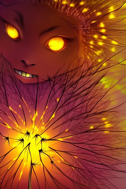 Prompt: glowing dandelion plant monster, amber eyes, highly detailed, digital art, sharp focus, ambient lighting, autumn, trending on art station, anime art style