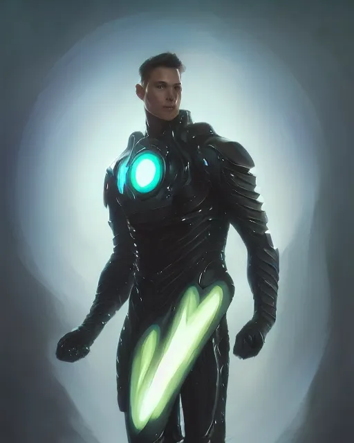 Image similar to opalescent wiry muscular male smooth sleek glossy black pearlescent scifi armor, by greg rutkowski and mark brookes and jim burns and tom bagshaw and magali villeneuve, trending on artstation