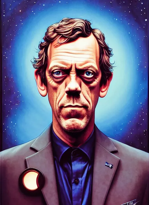 Image similar to portrait of hugh laurie standing next to the tardis from doctor who, portrait, pixar style, by tristan eaton stanley artgerm and tom bagshaw.