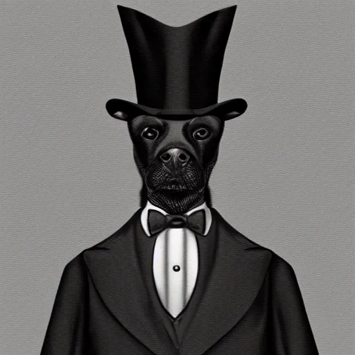 Prompt: portrait of a black dog wearing a suit and a top hat and a monocle on one eye, digital painting, duotone