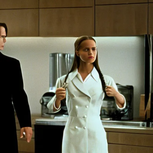 Image similar to Alicia Vikander and Patrick Bateman in American Psycho (1999)