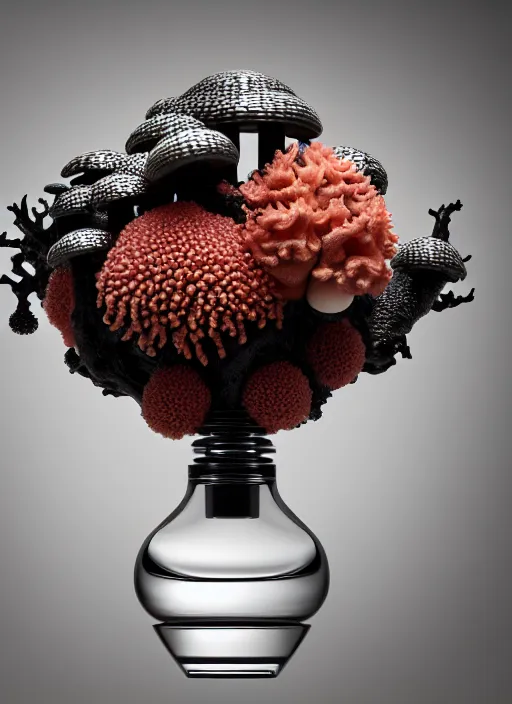 Prompt: perfume bottle standing in a miniature biomechanical black enchanted coral kingdom made of corals, mushrooms, puffballs, rhizomorphs in an ivory room well contoured smooth fair walls, up close shot, sharp focus, global illumination, radiant light, alexandre ferra white mecha, irakli nadar, octane highly render, 4 k, ultra hd,