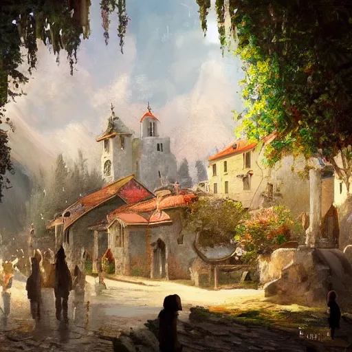 Image similar to a painting of a serbian village with a procession, open windows, chandelier, pillars of marble, waterfalls, fantasy art by JohannesVoss, Aleksi Briclot, Eric Deschamps, trending on artstation