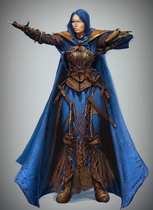 Image similar to dark blue cloak female priest, ultra detailed fantasy, dndbeyond, bright, colourful, realistic, dnd character portrait, full body, pathfinder, pinterest, art by ralph horsley, dnd, rpg, lotr game design fanart by concept art, behance hd, artstation, deviantart, hdr render in unreal engine 5