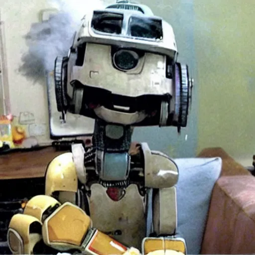 Image similar to chappie the robot, smoking a marijuana - blunt - joint, tons of smoke, coughing