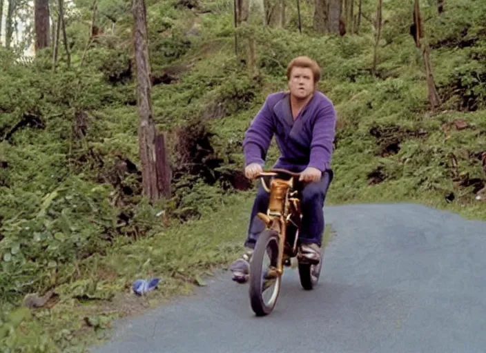 Image similar to film still of thanos riding a small childrens bike down a steep mountain road in the goonies 1 9 8 5