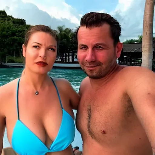 Image similar to photo of a 4 0 year old man that looks young for his age dating a very attractive 2 2 year old woman wearing a bikini. his wife is visibly upset in the background. lol