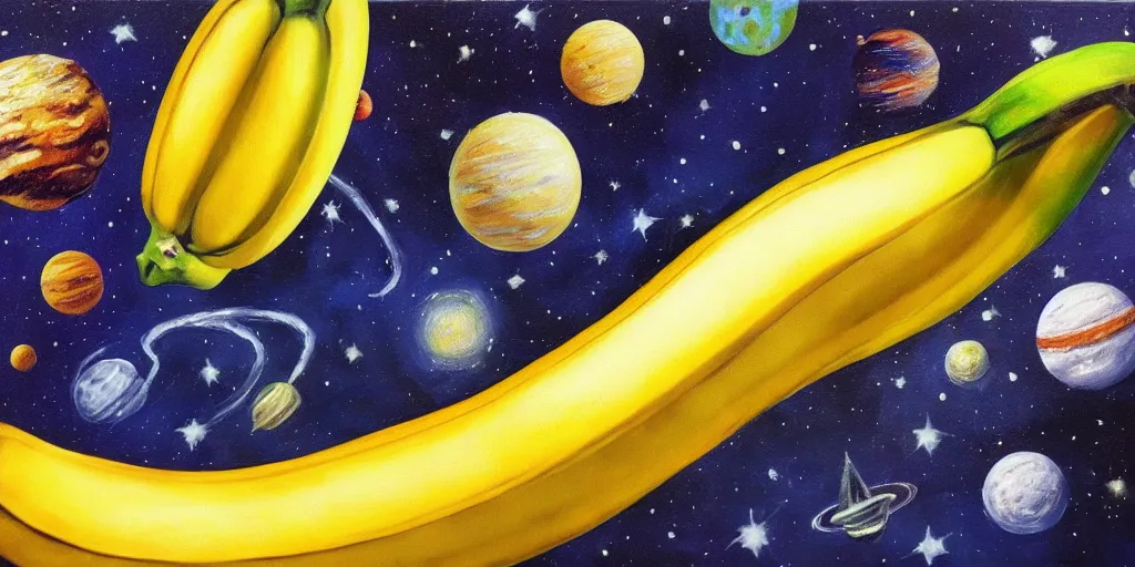 Prompt: banana hat in outer space, acrylic on canvas, breathtaking realistic, photorealistic in the style of realism