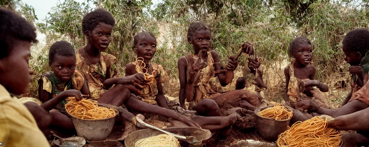 Image similar to people in an african village discovering spaghetti in a bush, high detailed face, facial expression, small details, intricate, canon 5 0 mm, high detail, intricate, cinematic lighting, photography, wes anderson, film, kodachrome