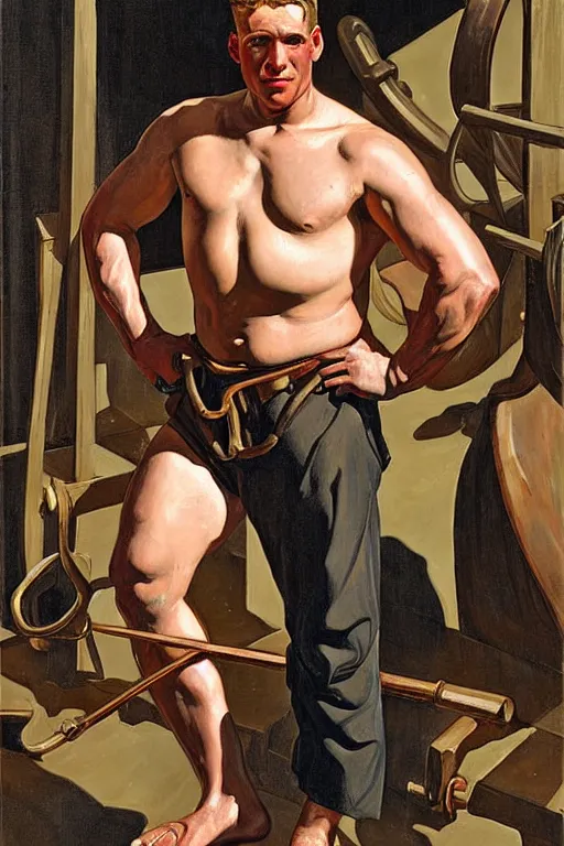 Image similar to muscular sweaty male blacksmith, forgehouse painting by j. c. leyendecker, tom of finland