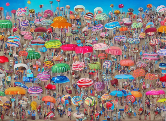 Prompt: where's waldo, lollipops and donuts, lowbrow, matte painting, 3 - d highly detailed, in the styles of lilla alvarado, camille rose garcia