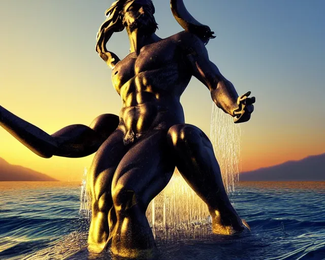 Prompt: a giant abstract sculpture of a legendary greek warrior god on the water, in the style of chad knight, award winning, cinematic, hyper - realistic, very detailed, realistic water splashes, ray tracing, 8 k resolution, long - shot, sharp focus, low angle, 8 5 mm photograph, wide lens