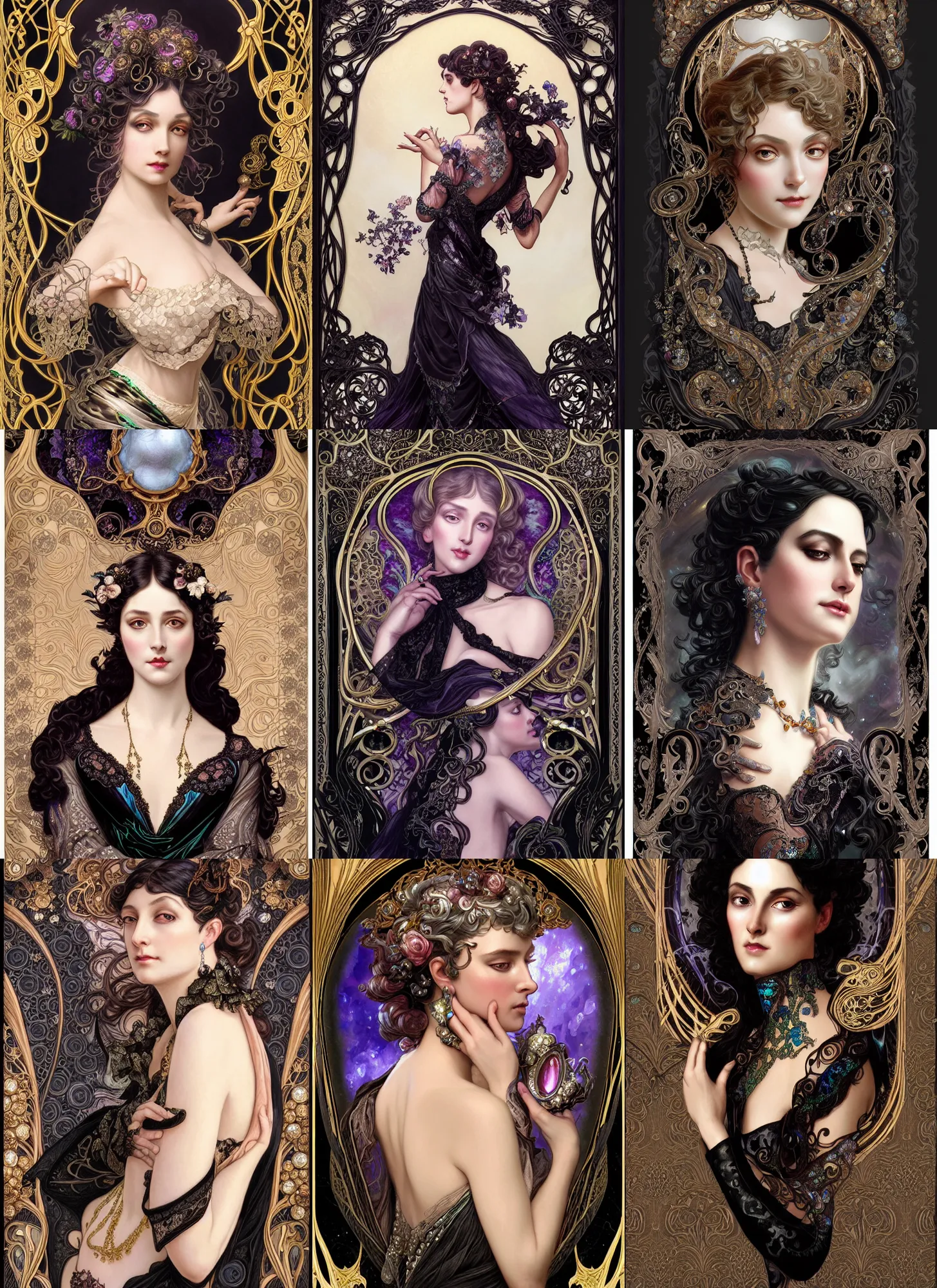 Prompt: rococo and art nouveau fusion backdrop, black lace and iridescent diaphanous silk, refractive and reflective crystal gemstone jewelry, fantasy, intricate, elegant, highly detailed, digital painting, artstation, concept art, matte, sharp focus, illustration, hearthstone, art by artgerm and greg rutkowski and alphonse mucha