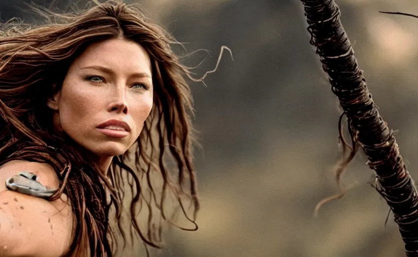 Image similar to epic photo of muscular jessica biel as beautiful barbarian warrior princess with long curly black hair blowing in the wind in a battle scene, sweaty, detailed eyes, neutral expression, shallow depth of field, photorealistic, cinematic lighting, lovely bokeh, warm colours, sunset south, strong rim light, movie quality, willow 1 9 8 5, movie still