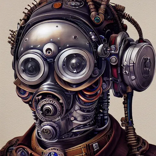 Image similar to portrait painting of a steampunk cyborg president, transhumanism, ultra realistic, concept art, studio ghibli, intricate details, eerie highly detailed