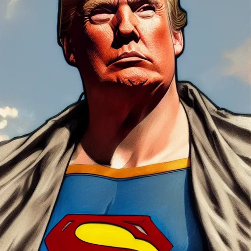 Prompt: donald trump as superman, detailed portrait, realism, 4 k, art by greg rutkowski, alphonse mucha, artistic, trending on artstation, beautiful mural