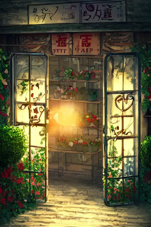 Image similar to a little flower shop's front gate, nostalgic, digital illustration, dramatic lighting, pixiv