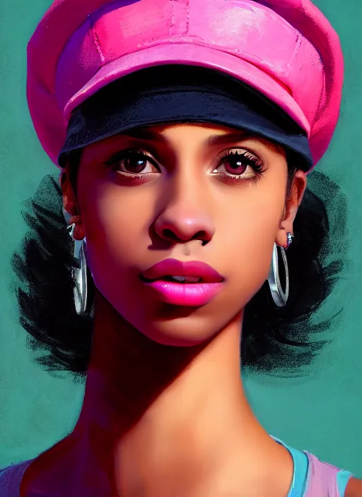 Image similar to portrait of teenage vanessa morgan with bright pink hair, black girl, vanessa morgan, curly pixie cut hair, wearing newsboy cap, newsboy cap, hoop earrings, intricate, elegant, glowing lights, highly detailed, digital painting, artstation, concept art, smooth, sharp focus, illustration, art by wlop, mars ravelo and greg rutkowski