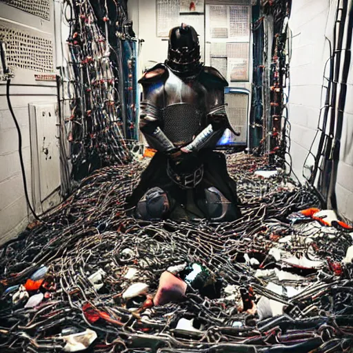 Prompt: “a photo of a kneeling knight wrapped in cables and chains in front of a glowing computer screen. The knight is in the center of a dark filthy dirty room filled with server racks and server cables hanging everywhere. The ground of the room is littered and covered with garbage and trash everywhere. It is dark and there are no lights. Cursed image. Nikon coolpix.”