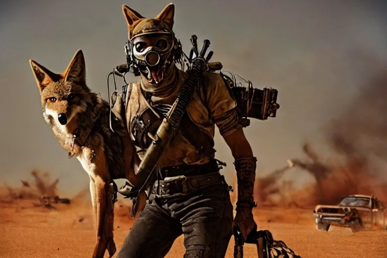 Image similar to a good ol'coyote fursona ( from the furry fandom ), heavily armed and armored facing down armageddon in a dark and gritty version from the makers of mad max : fury road. witness me.