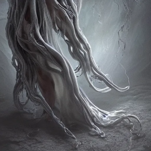 Image similar to concept designs for an ethereal ghostly wraith like figure made from wispy shadows with a squid like parasite latched onto its head and long tentacle arms that flow lazily but gracefully at its sides like a cloak while it floats around a frozen rocky tundra in the snow searching for lost souls and that hides amongst the shadows in the trees, this character has hydrokinesis and electrokinesis for the resident evil village video game franchise with inspiration from the franchise Bloodborne and the mind flayer from stranger things on netflix in the style of a marvel comic