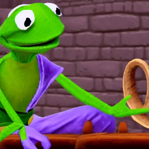 Prompt: screenshot of a kermit the frog as an npc in spyro the dragon video game, with playstation 1 graphics, activision blizzard, upscaled to high resolution