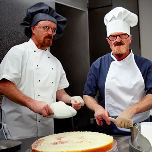 Image similar to walter white cooking a cake with chef hat