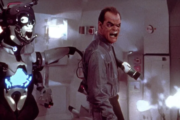 Image similar to Jack Nicholson plays Pikachu Terminator, Terminator's endoskeleton gets exposed and his eye glows red, scene from the film finale