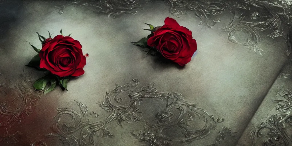 Prompt: a single red rose is on a wooden table with delicate carved filigree and drops of blood, close up view, dramatic lighting, DOF, art nouveau, intricate artwork by Raymond Swanland and Ruan Jia and Greg Rutkowski