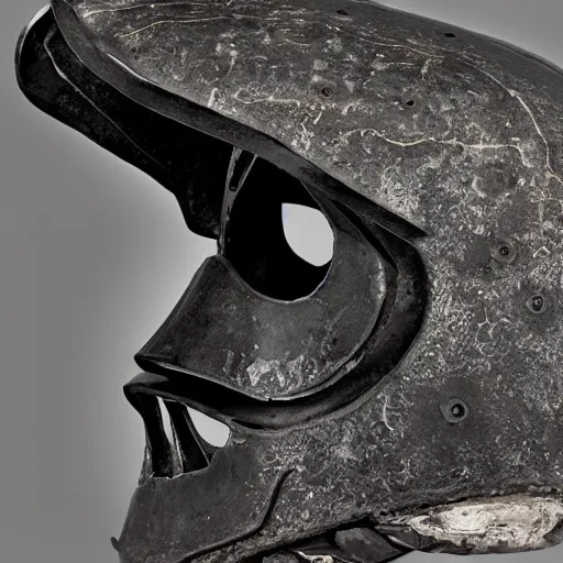 Prompt: symmetrical product photograph of a highly detailed ominous helmet made from fragmented bone and obsidian, damaged