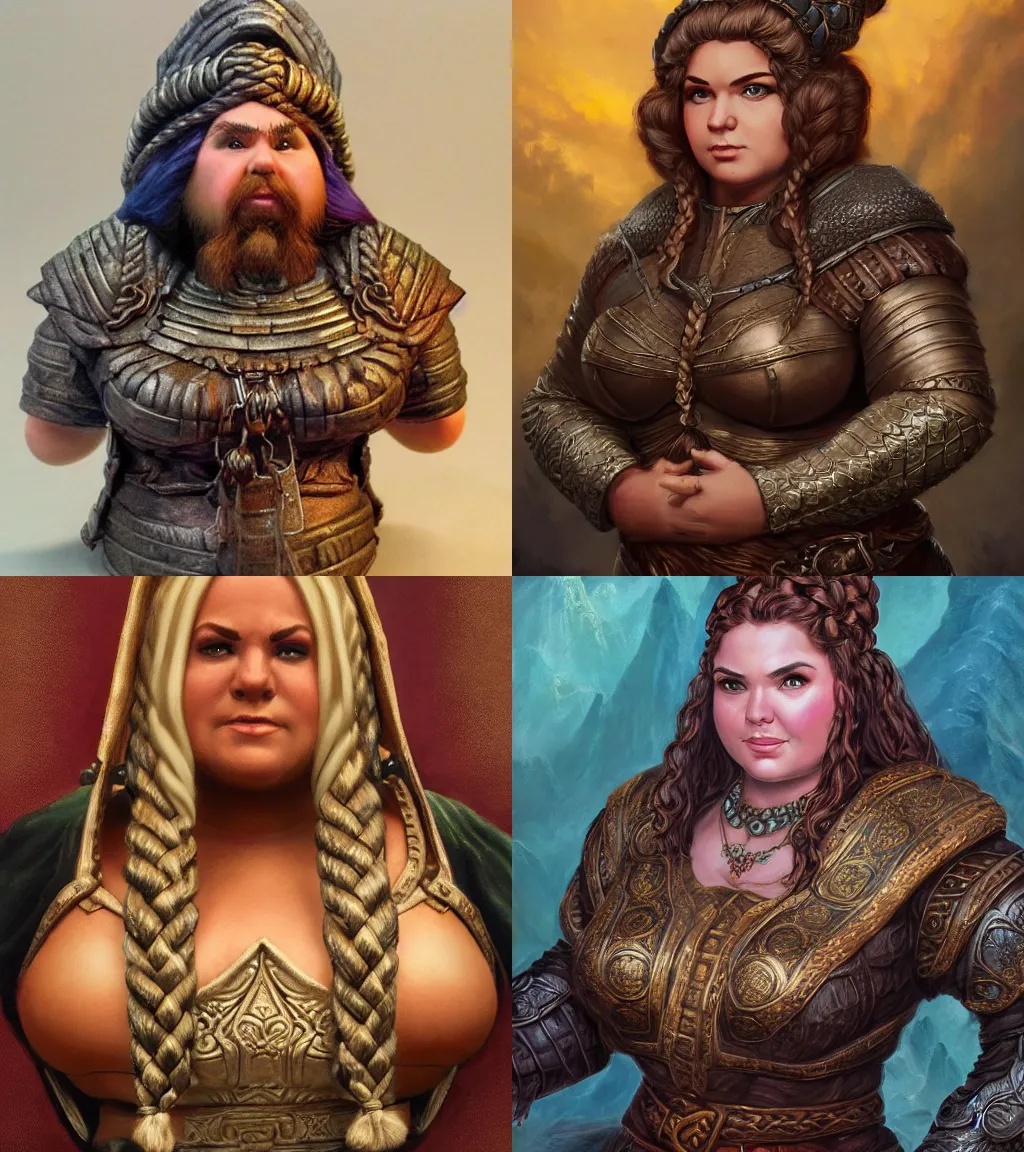 Prompt: plump female dwarven noblewoman | complex braided hairstyle | hyperdetailed | jeff easley | bust portrait | dungeons and dragons |