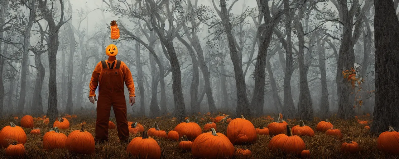 Prompt: a scary man in overalls wearing a pumpkin head standing in a dead forest, fall season, night, dead trees, pumpkins, photorealistic, insanely detailed and intricate, epic, volumetric haze, hyper realistic, elegant, ornate, elite, horror, creepy, ominous, haunting, cinematic lighting, unreal engine, symmetrical, cinematic centered camera, high detail by Zdzislaw Beksinski