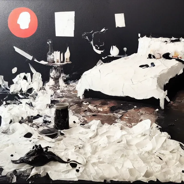 Image similar to bedroom with black walls and a futon, sensual portrait of a woman sleeping, cracked handmade pottery vase, torn paper smouldering smoke, candles, white flowers on the floor, puddle of water, octopus, squashed berries, surrealism, acrylic and spray paint and oilstick on canvas