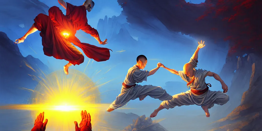 Image similar to [ shaolin monks. orbs of light hover over their open palms ]. fantasy art, digital painting, golden hour, 8 k, highly detailed. realistic award, disney concept art, watercolor splash, epic mythology, illustration by style of makoto shinkai takashi takeuchi yoshiyuki sadamoto, greg rutkowski chiho aoshima